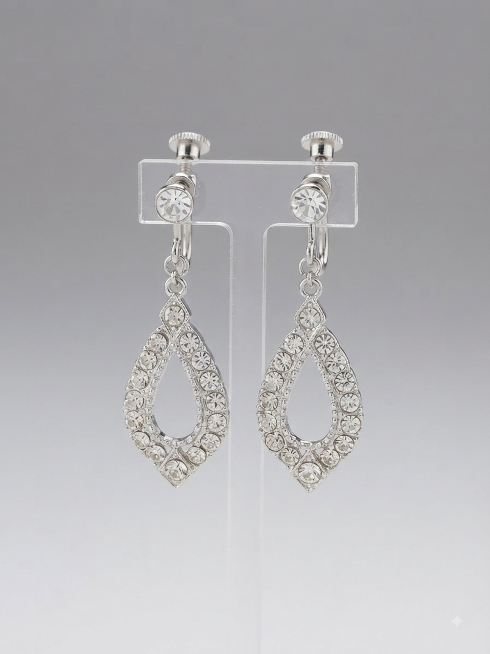 Vintage Crystal Teardrop Dangle Earrings - Silver - CLIP ON
